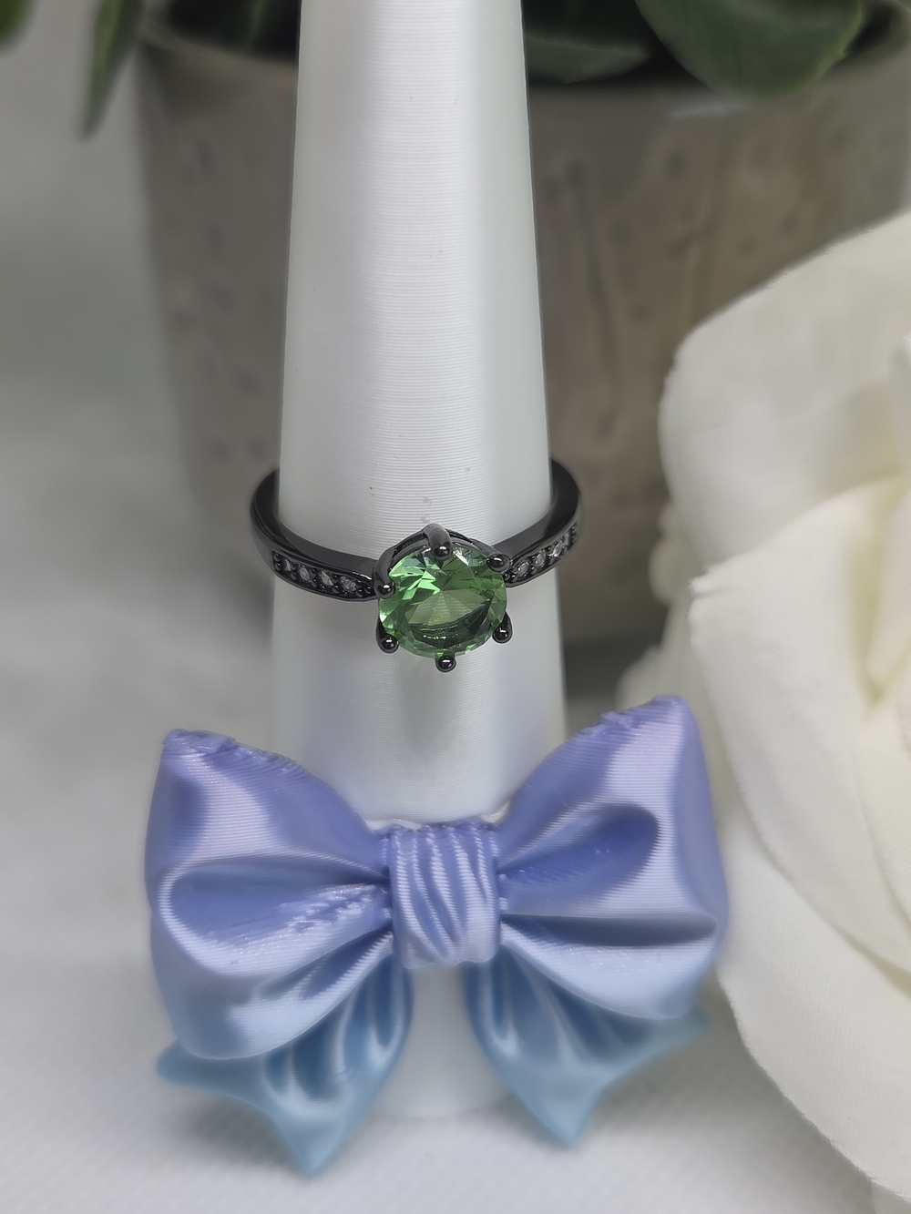 Green Crystal Solitaire Ring in Black Gun Metal Plating